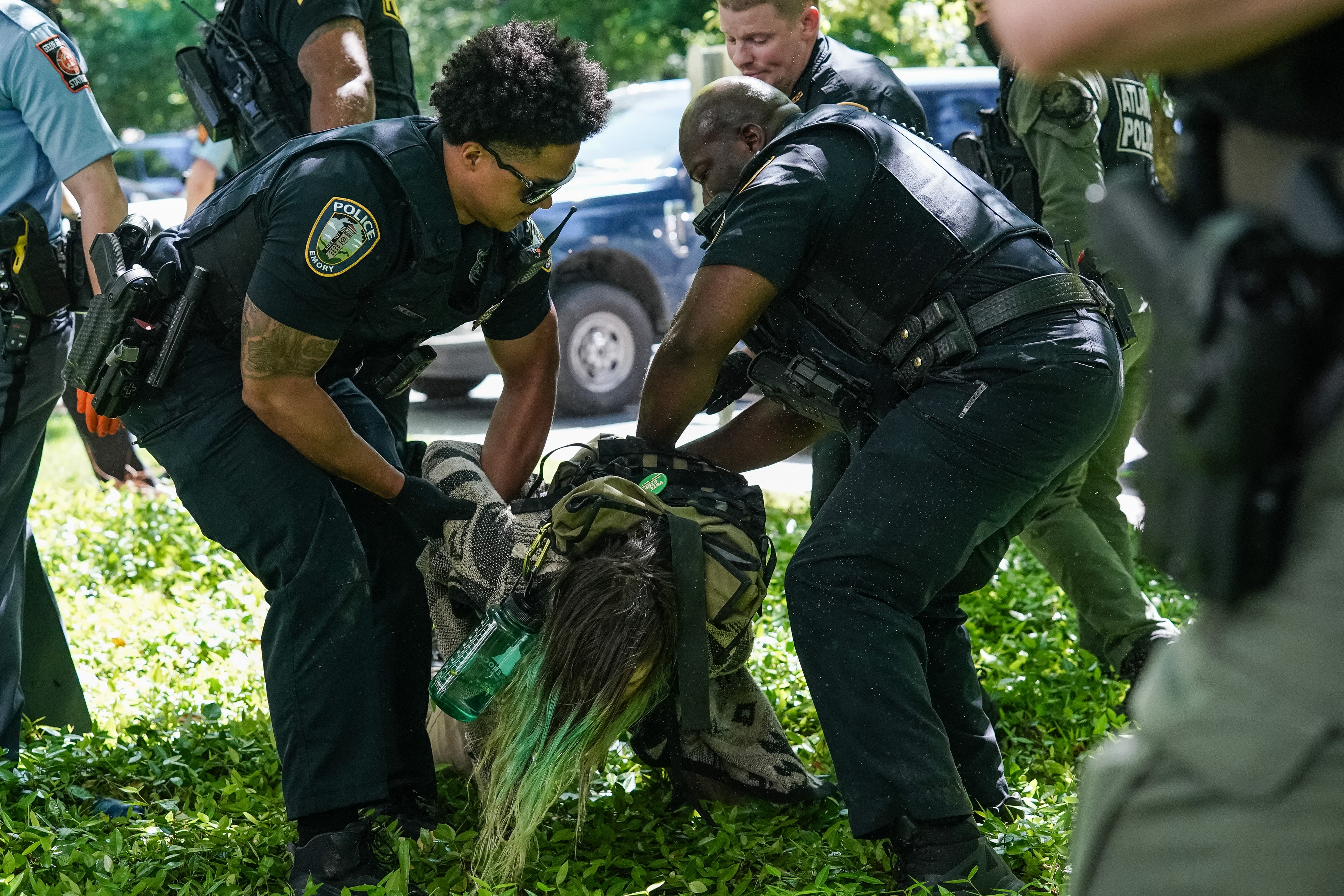 Police arrest a demonstrator during a pro-Palestinian protest at Emory University on 25 April. Police arrested some 20 students at the Georgia school