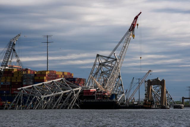 <p>Work continues at the site of the collapsed Francis Scott Key Bridge in Baltimore, Maryland. State officials revealed that the cost to replace the bridge will be between $1.7bn and $1.9bn </p>