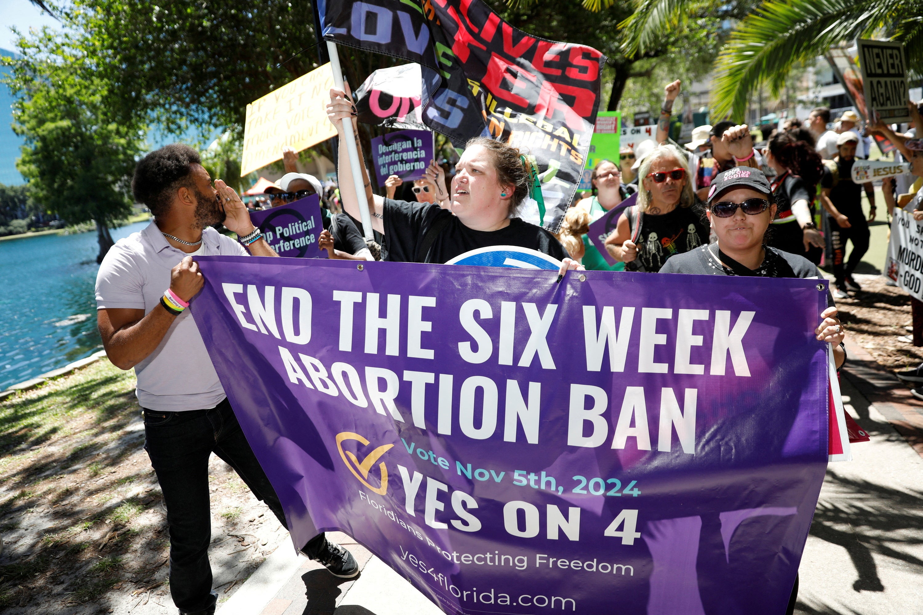 Abortion rights advocates gather to launch their 'Yes On 4' campaign with a march and rally against the six-week abortion ban ahead of November 5, when Florida voters will decide on whether there should be a right to abortion in the state, in Orlando, Florida, U.S. April 13, 2024