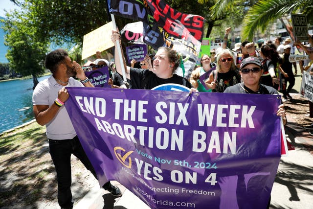 <p>Abortion rights advocates gather to launch their 'Yes On 4' campaign with a march and rally against the six-week abortion ban ahead of November 5, when Florida voters will decide on whether there should be a right to abortion in the state, in Orlando, Florida, U.S. April 13, 2024</p>