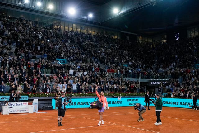 Rafael Nadal waves goodbye to the Caja Magica (Manu Fernandez/AP)