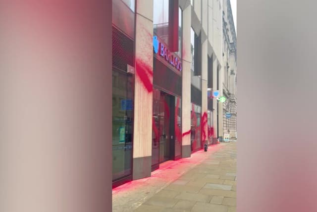 <p>Barclays London office cordoned off as pro-Palestine protesters spray red paint.</p>