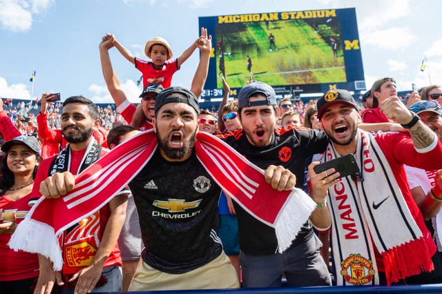 <p>Manchester United fans ahead of a pre-season friendly against Liverpool in 2018 in Ann Arbor, Michigan</p>