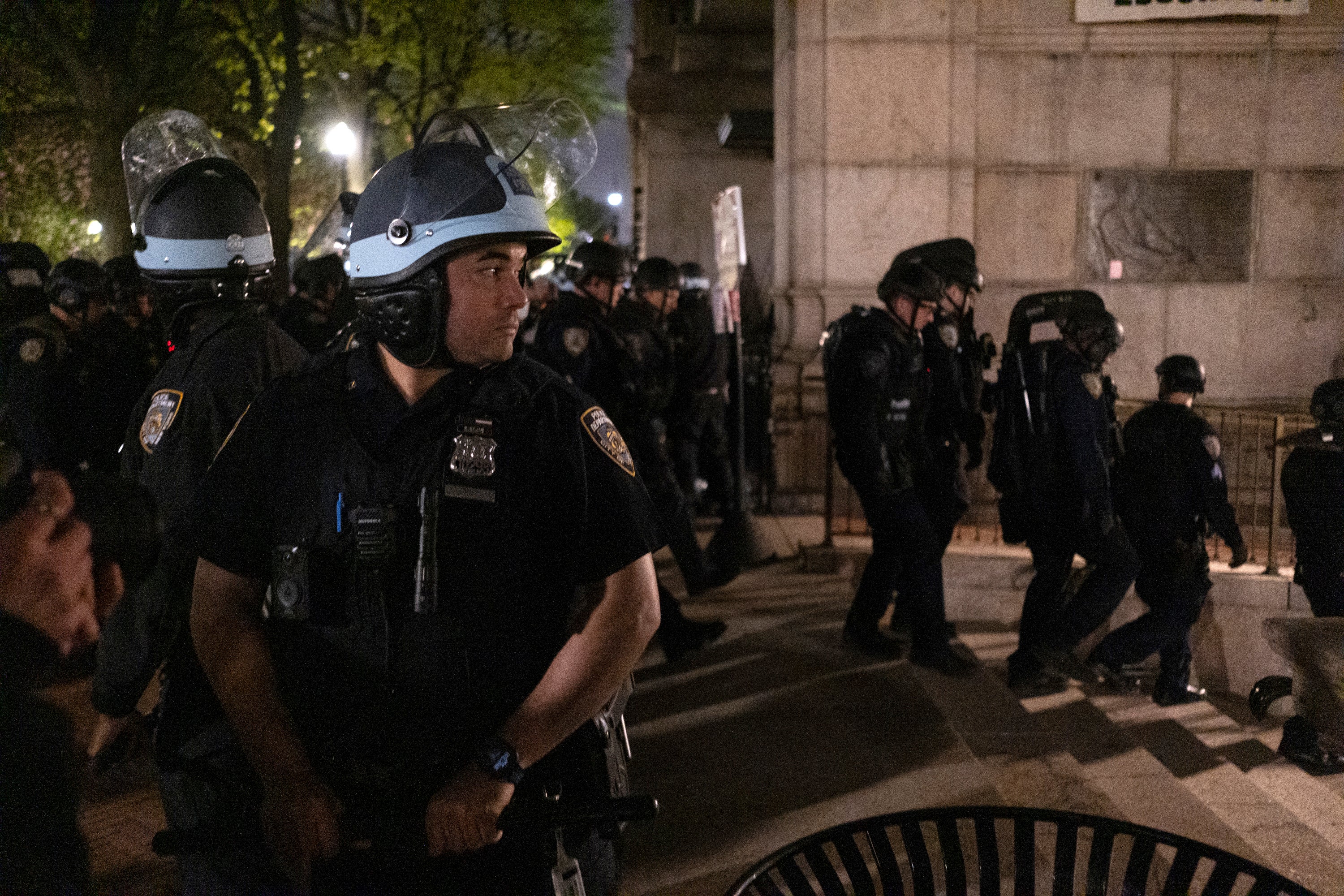 NYPD officers, pictured on Tuesday night, removed protesters occupying Columbia University’s Hamilton Hall. Mayor Eric Adams says the Gaza protests and building occupation were fueled by ‘outside agitators’