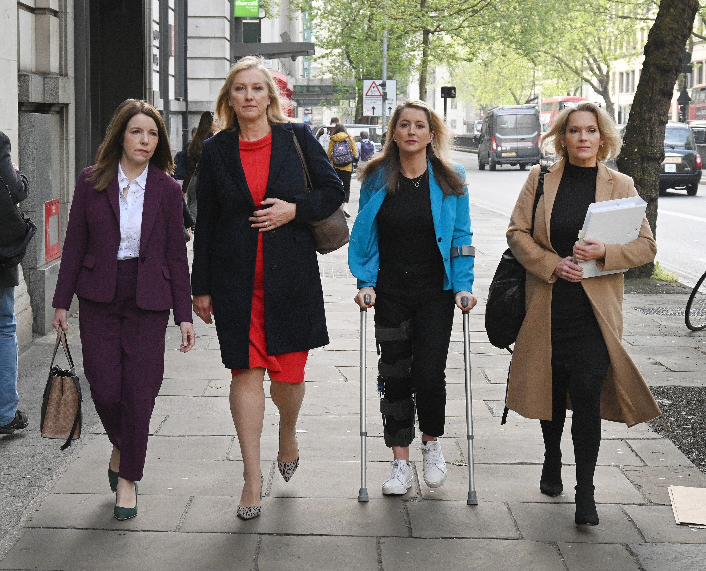 (From left) Annita McVeigh, Martine Croxall, Karin Giannone, and Kasia Madera arriving at the London central employment tribunal in Kingsway on Wednesday