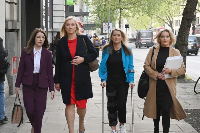 <p>(From left) Annita McVeigh, Martine Croxall, Karin Giannone, and Kasia Madera arriving at the London central employment tribunal in Kingsway on Wednesday </p>