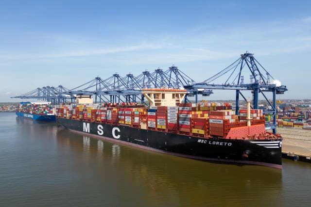 <p>The world’s joint largest cargo ship MSC Loreto docked at the Port of Felixstowe in Suffolk (Joe Giddens/ PA)</p>