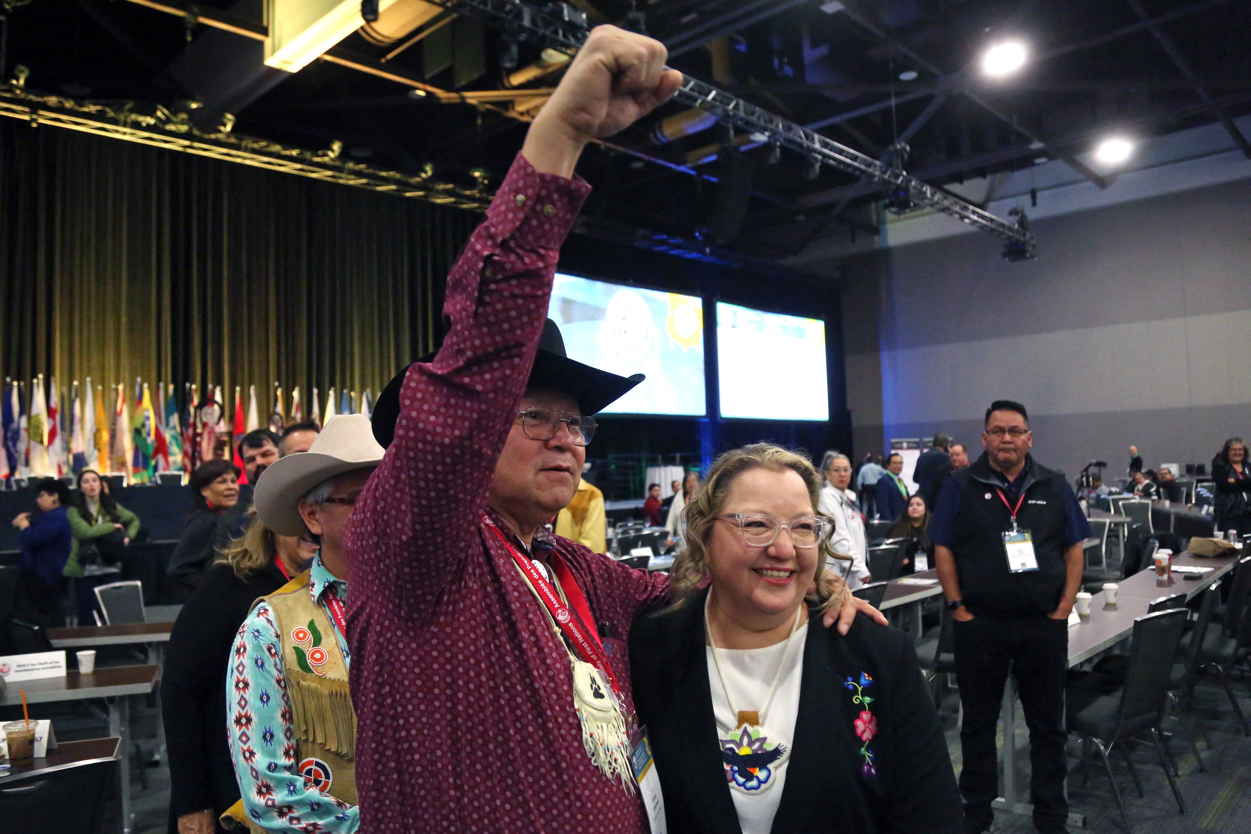 Cindy Woodhouse Nepinak greets supporters during the election of the First Nation National Chief, at the Assembly of First Nations General Assembly in 2023.