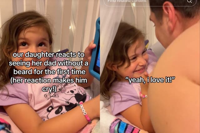 <p>Daughter’s reaction to father shaving his face for the first time brings him to tears</p>