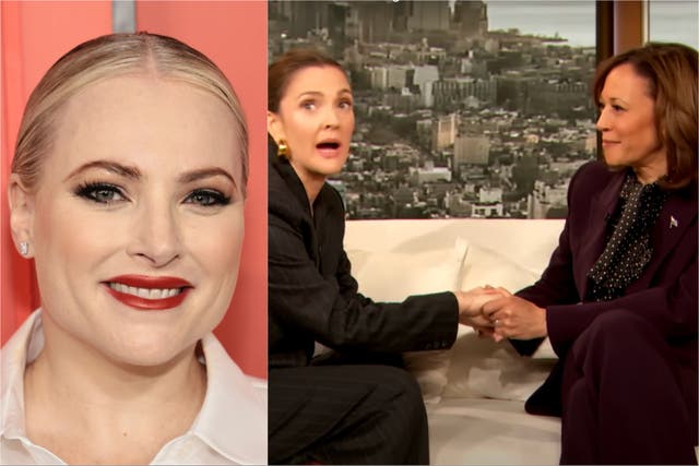 <p>Meghan McCain (left) and Drew Barrymore and Kamala Harris on ‘The Drew Barrymore Show’</p>