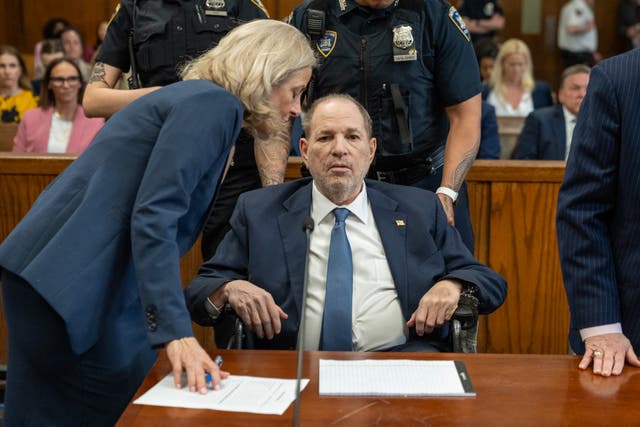 <p>Former film producer Harvey Weinstein looks on during a preliminary hearing after his rape conviction was overturned inside the Manhattan Criminal Court in New York on May 1 2024</p>