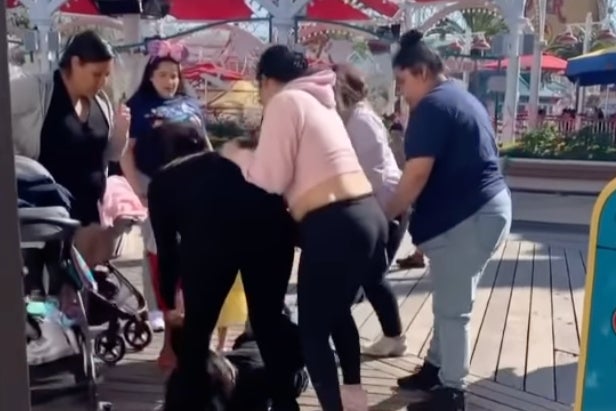 Footage online shows a group of three or four women, one of whom is pushing a stroller, punching and slapping a person on the ground