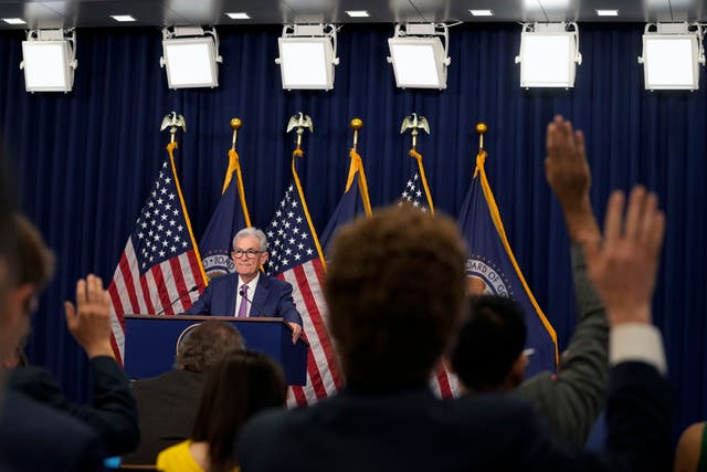 <p>Fed Chair Jerome Powell takes questions during a news conference at the Federal Reserve in Washington on Wednesday, following the announcement that the central bank would not be cutting interest rates </p>