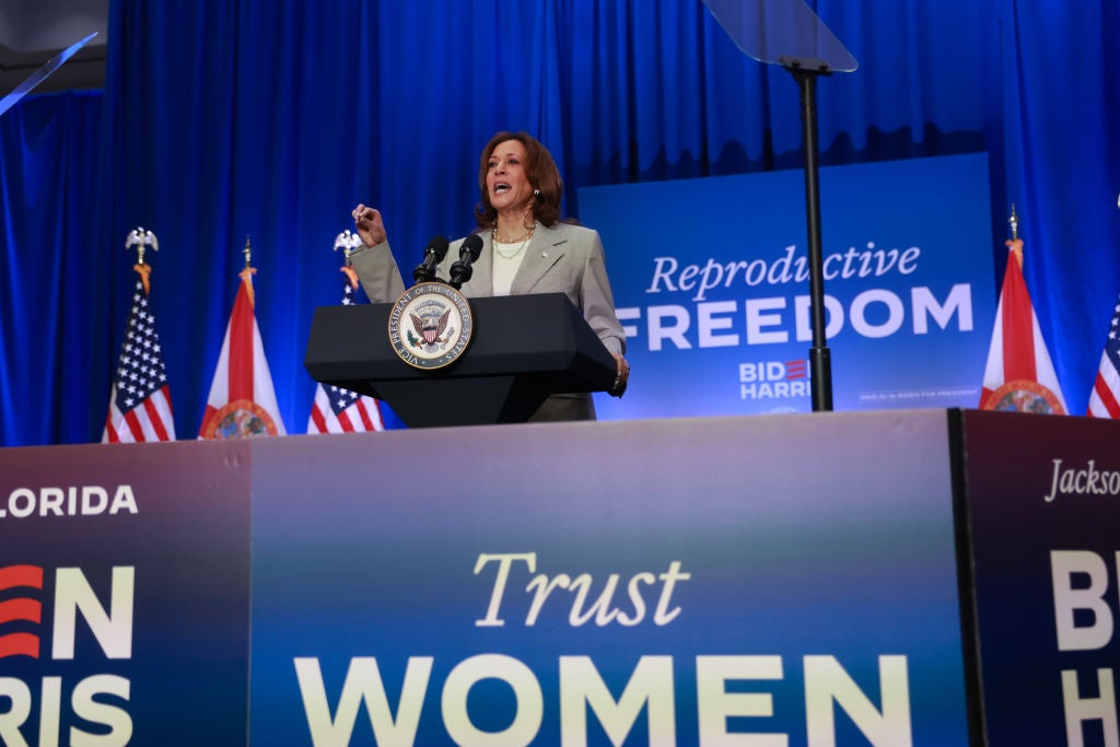 Vice President Kamala Harris speaks in Florida on 1 May, the day the state’s new six-week abortion ban took effect