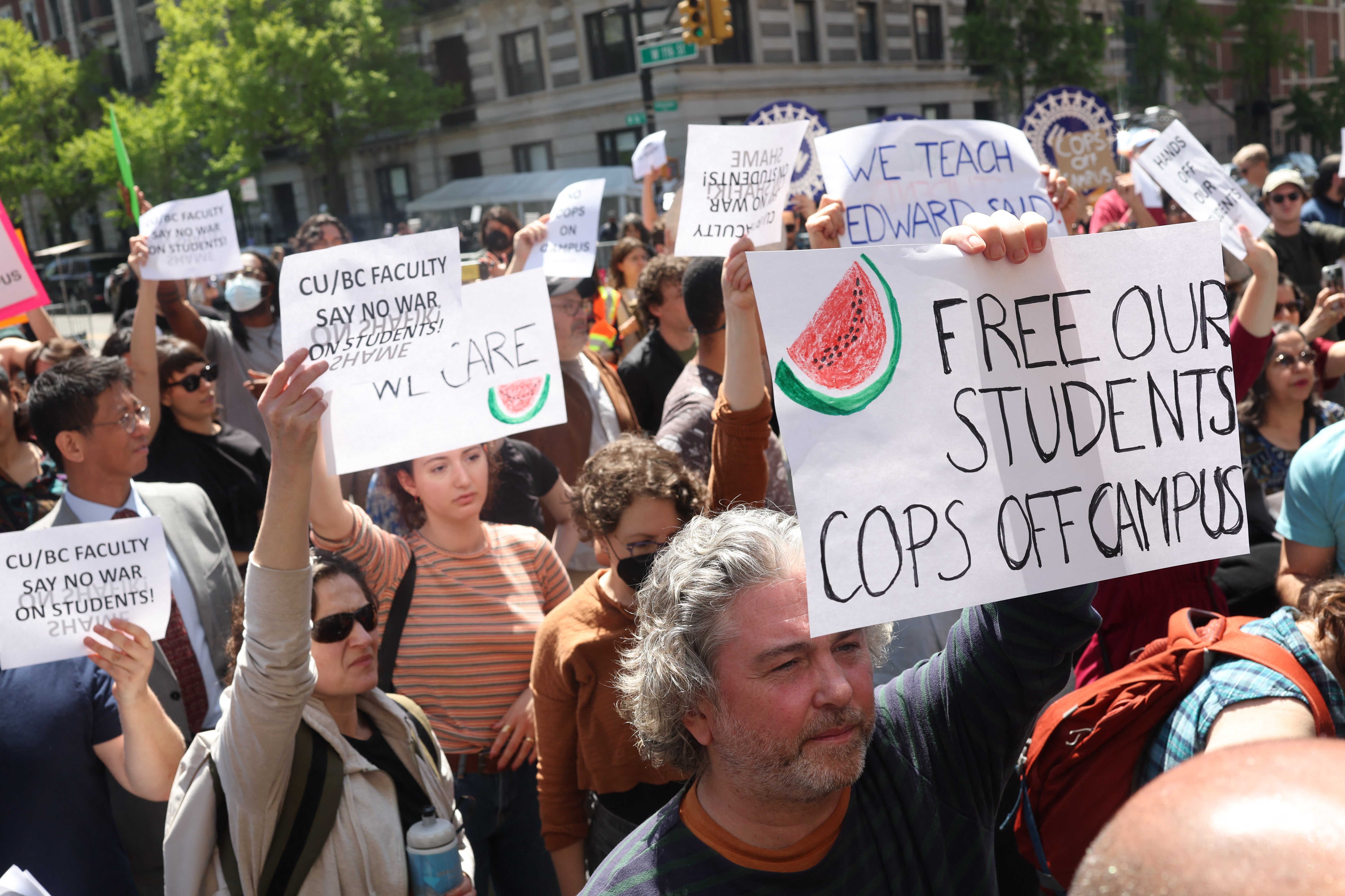 Columbia University professors protest on campus on Wednesday after student demonstrations saw hundreds of arrests