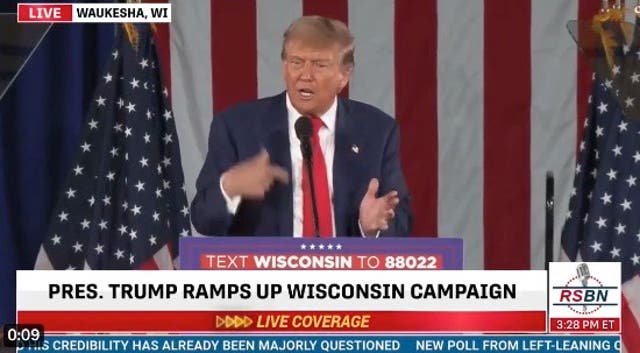 <p>Donald Trump speaks at rally in Wisconsin on 1 May 2024</p>