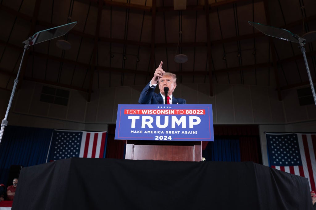 Republican presidential candidate Donald Trump speaks to guests during a rally on 1 May 2024 in Waukesha, Wisconsin. A recent poll has Trump and President Joe Biden currently tied in the state