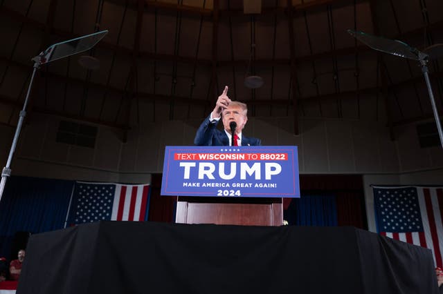 <p>Donald Trump holds a campaign event in Waukesha, Wisconsin on 1 May 2024</p>