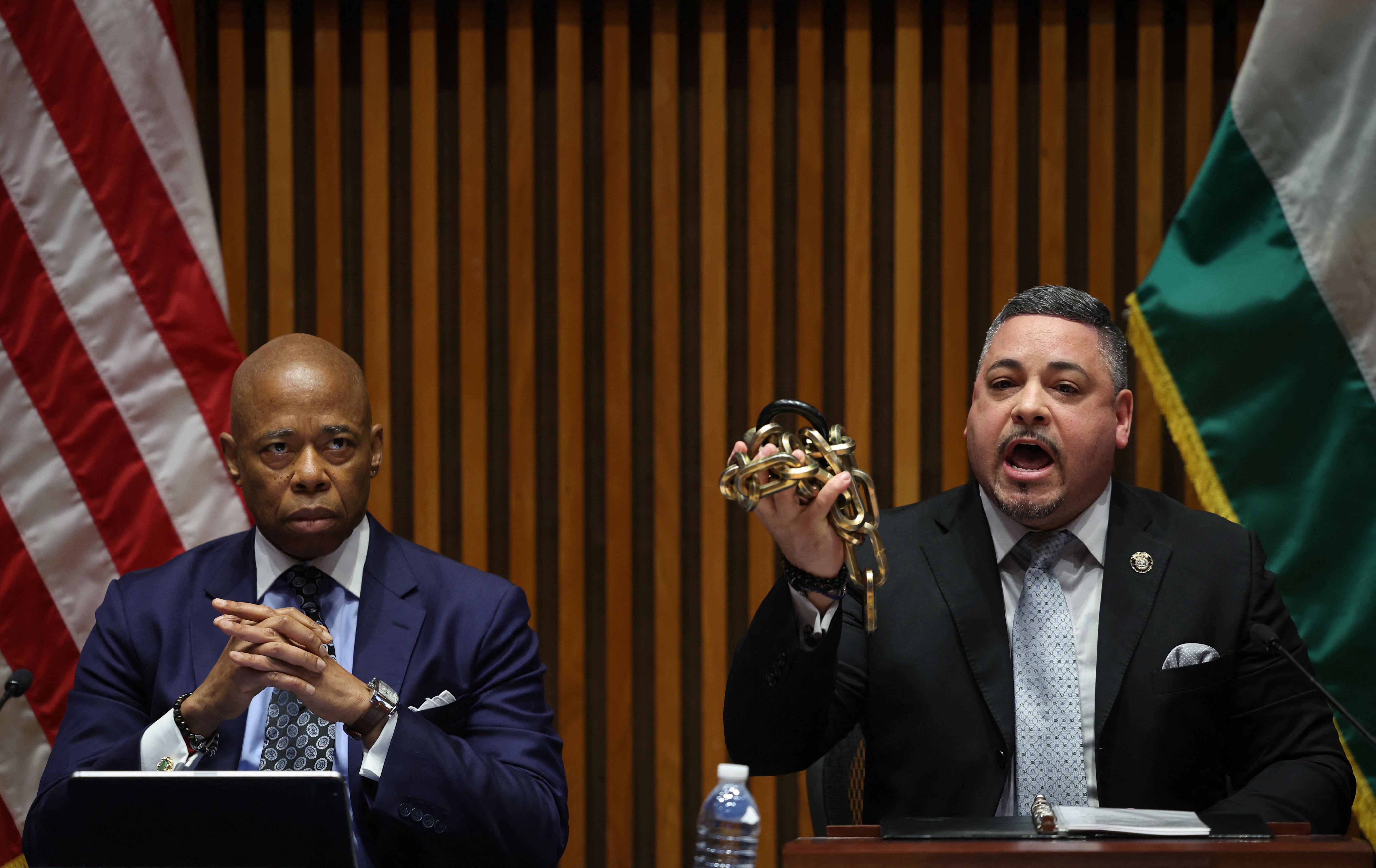New York City Mayor Eric Adams (left) and New York City Police Department Edward Caban (right) spoke to reporters on Wednesday. Mr Caban, who is holding a bike lock and chain that protesters reportedly used to barricade Hamilton Hall, said more than 100 people were arrested at Columbia University on Tuesday