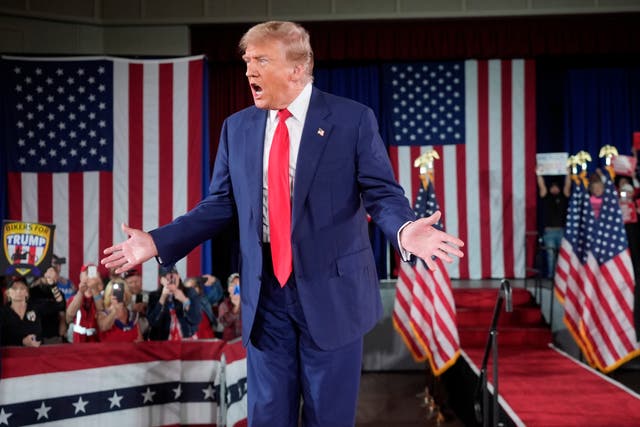 <p>Former Republican president Donald Trump arrives to speak at a campaign rally on 1 May 2024 in Waukesha, Wisconsin </p>