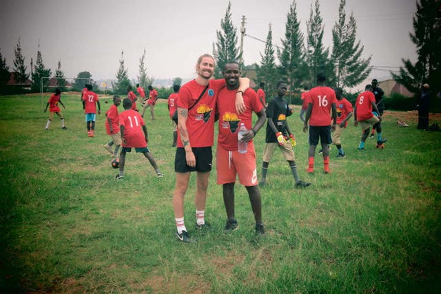 Charity founder Max Keens, left, is set to run to every Premier League stadium in England to fundraise for the construction of football pitches in Africa (Salim Blanden/PA)