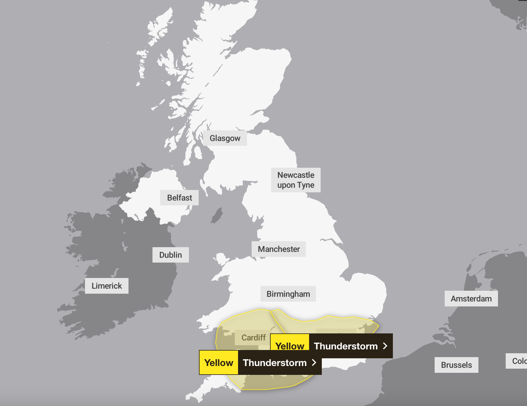 Two yellow thunderstorm warnings were in place across southern England
