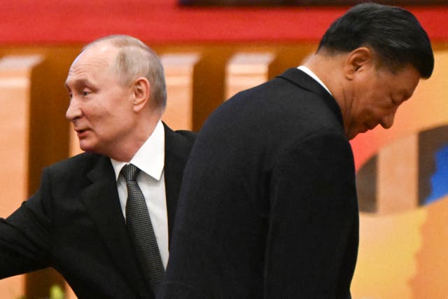 <p>China’s president Xi Jinping and Russia’s president Vladimir Putin attend opening ceremony of third Belt and Road Forum for International Cooperation at Great Hall of the People in Beijing</p>