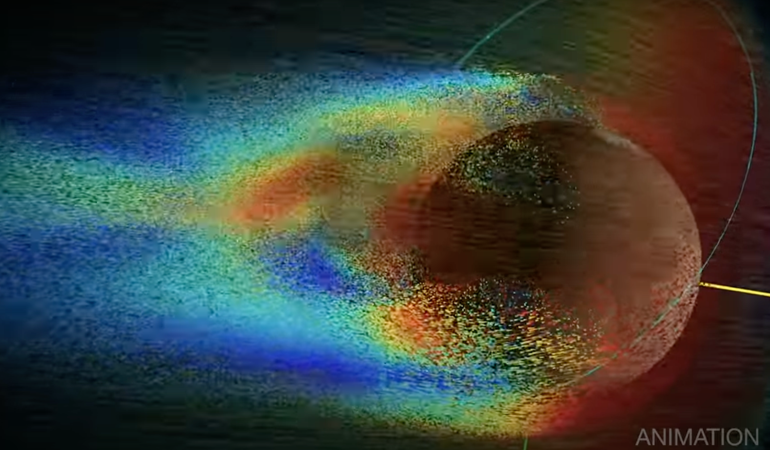 <p>Representative image showing high energy particles from Sun impacting Mars</p>