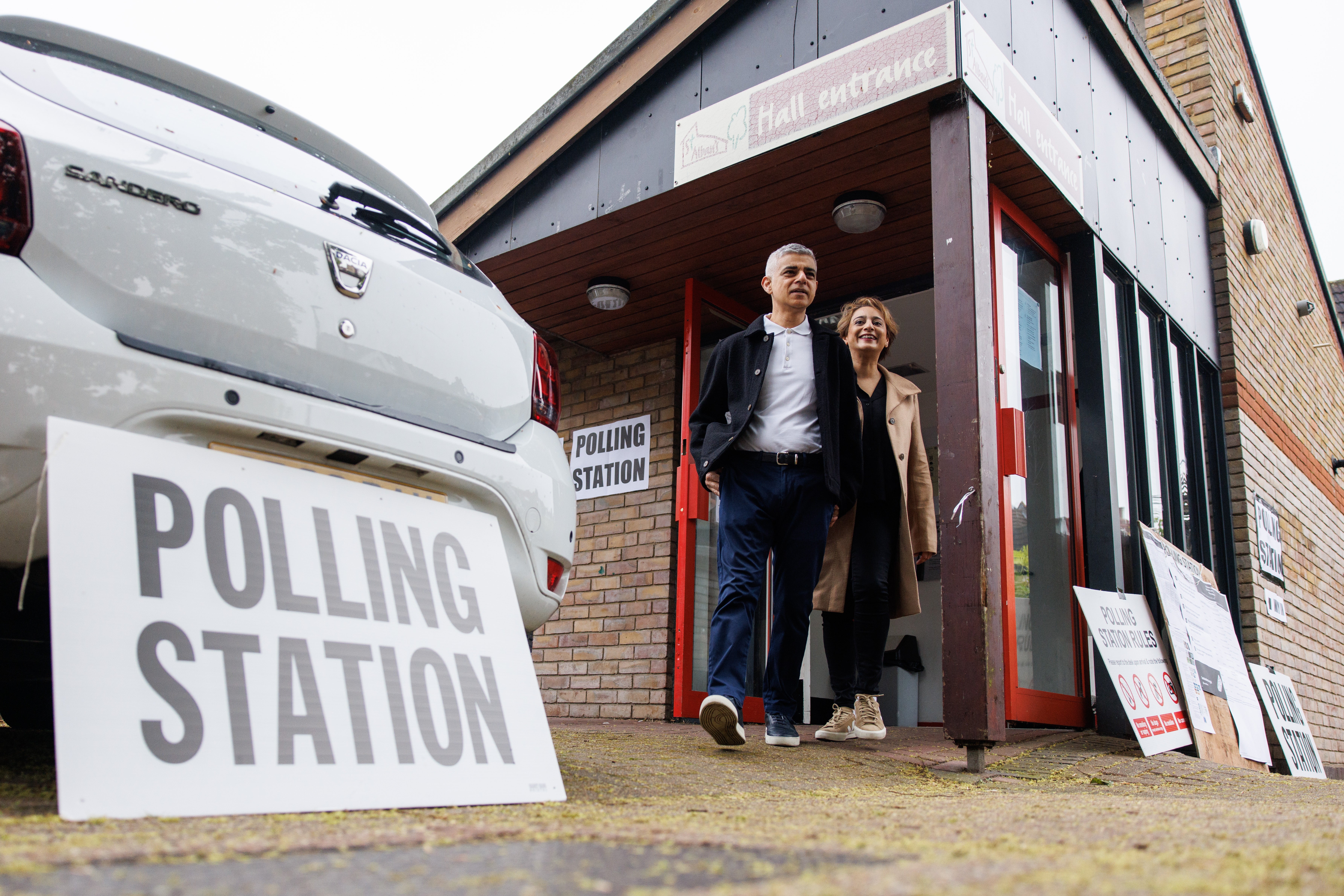 Mayor of London Sadiq Khan and his wife Saadiya Khan leave their polling station