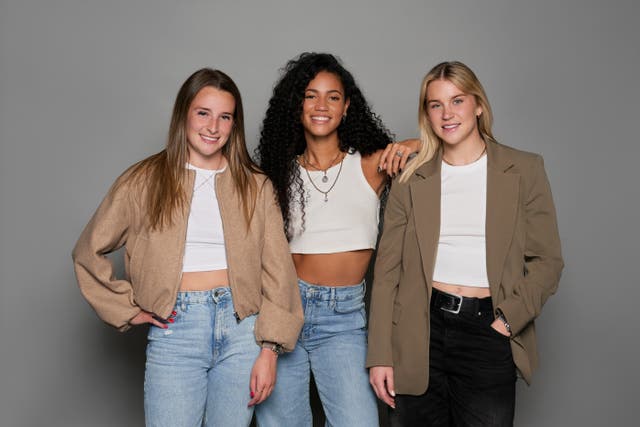 Two of football’s most famous friends Ella Toone and Alessia Russo, with Radio 1’s Vick Hope for their new podcast The Tooney and Russo Show. (BBC/Sarah Louise Bennett/PA)