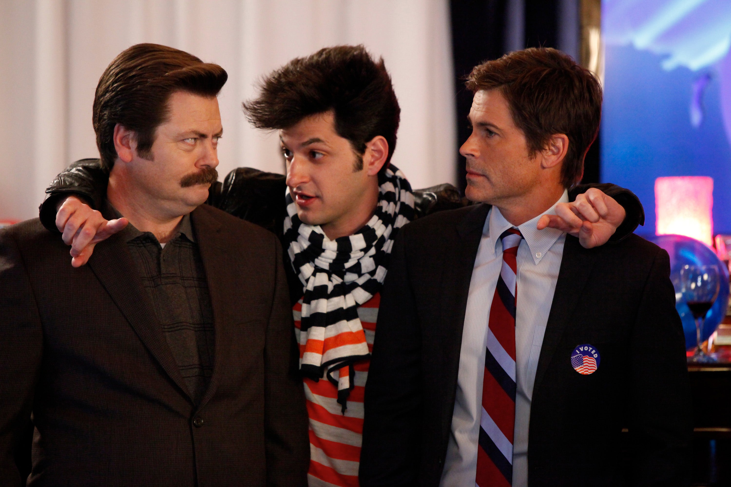 Jean-Ralphio (Schwartz), in between Nick Offerman and Rob Lowe in ‘Parks and Recreation'