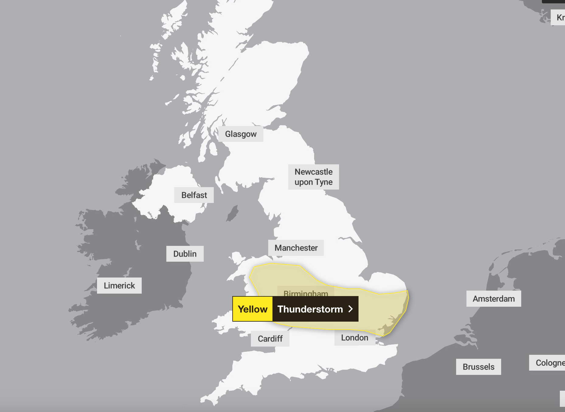 The Met Office issued a 12-hour thunderstorm warning across parts of England and Wales on Thursday