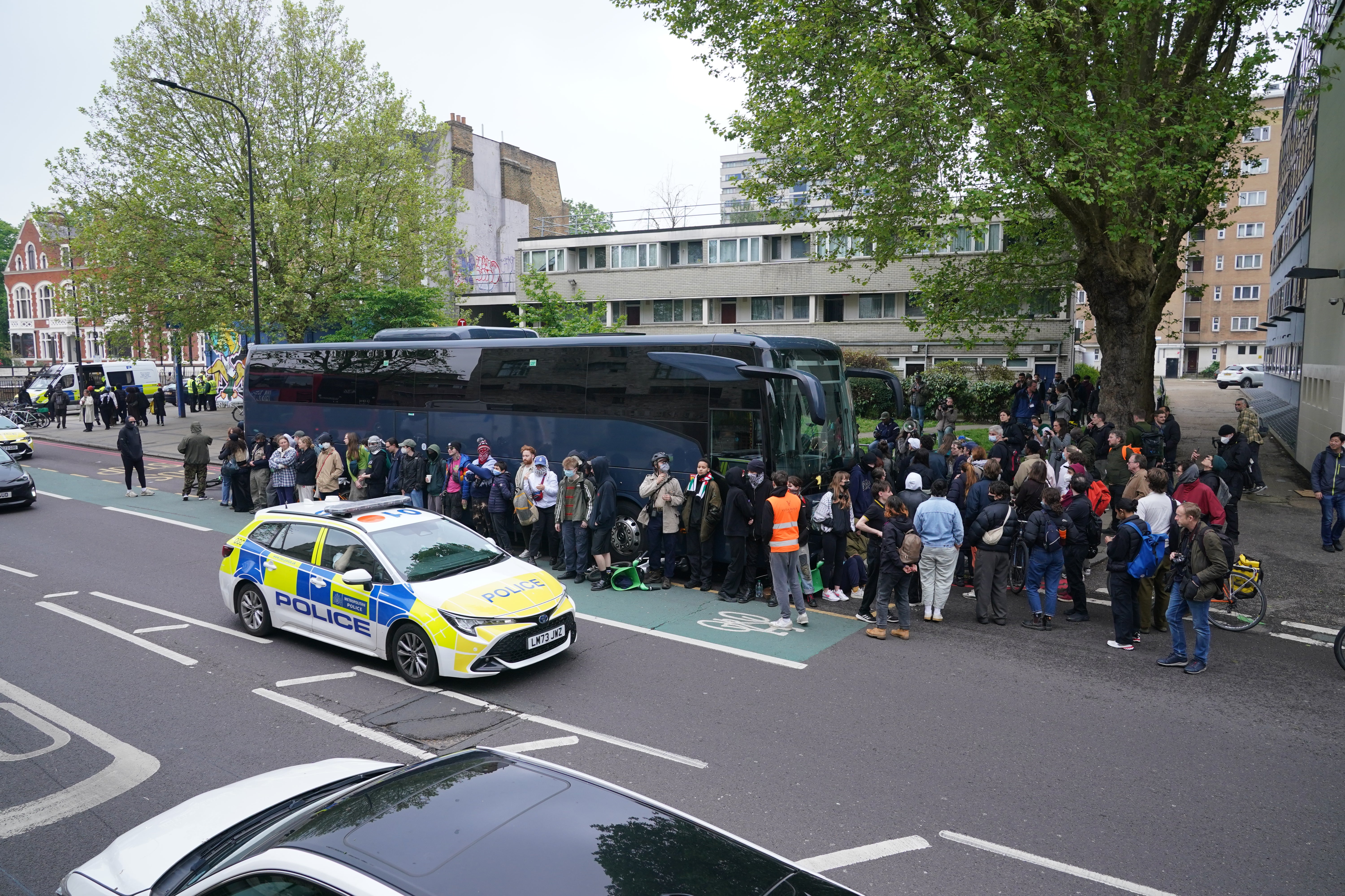 Protesters surround the coach on Thursday morning