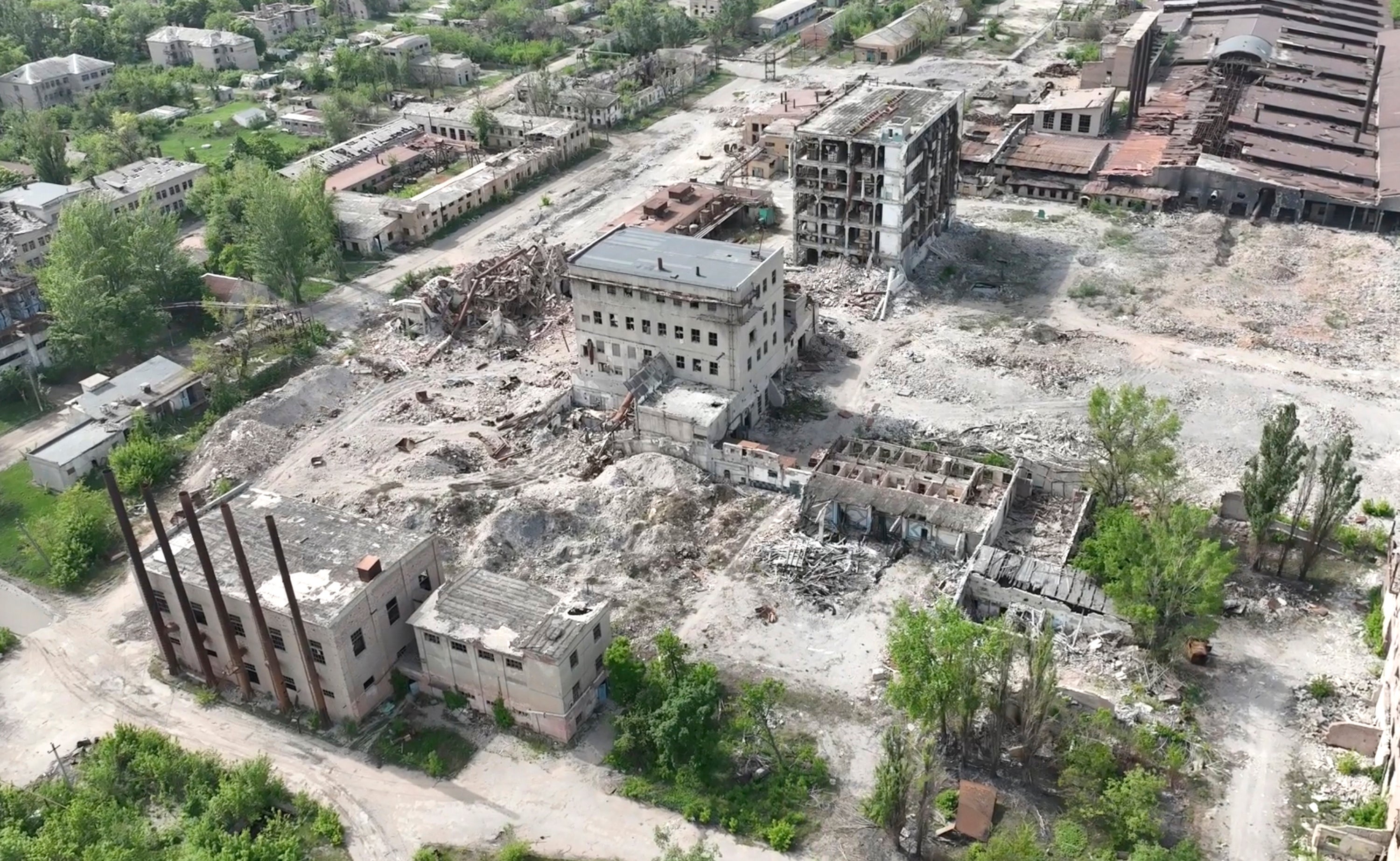 This photo taken from a drone video provided by Ukraine Patrol Police, shows devastation in Chasiv Yar, an eastern Ukrainian city Russia is assaulting