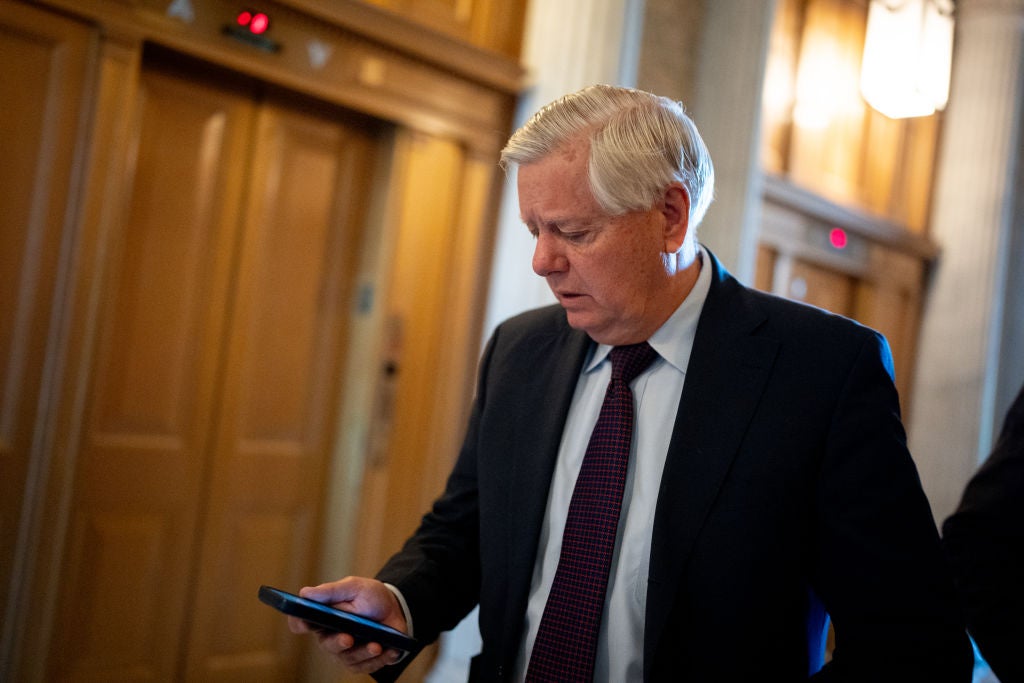 Senator Lindsey Graham is pictured staring at his phone during congressional votes to pass foreign aid for Ukraine, Israel and Taiwan. The FBI recently seized his phone as part of the agency’s investigation.