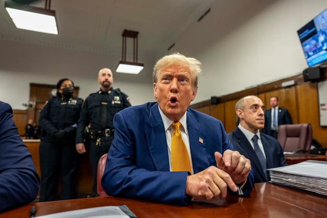 <p>Former President Donald Trump sits inside courthouse at Manhattan Criminal Court on 2 May 2024</p>