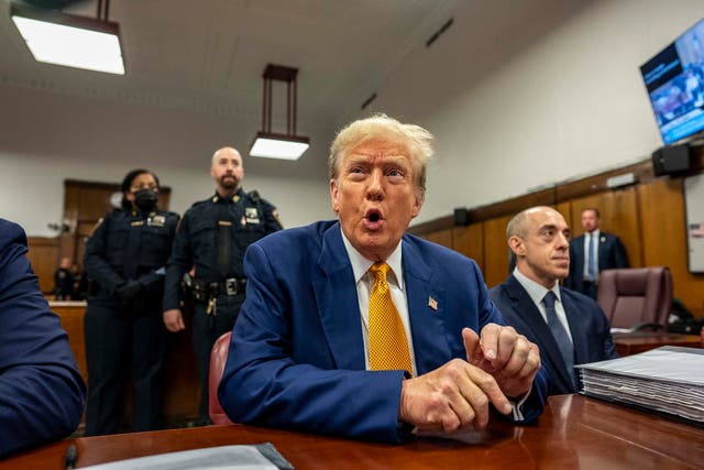 Former President Donald Trump sits inside courthouse at Manhattan Criminal Court on 2 May 2024