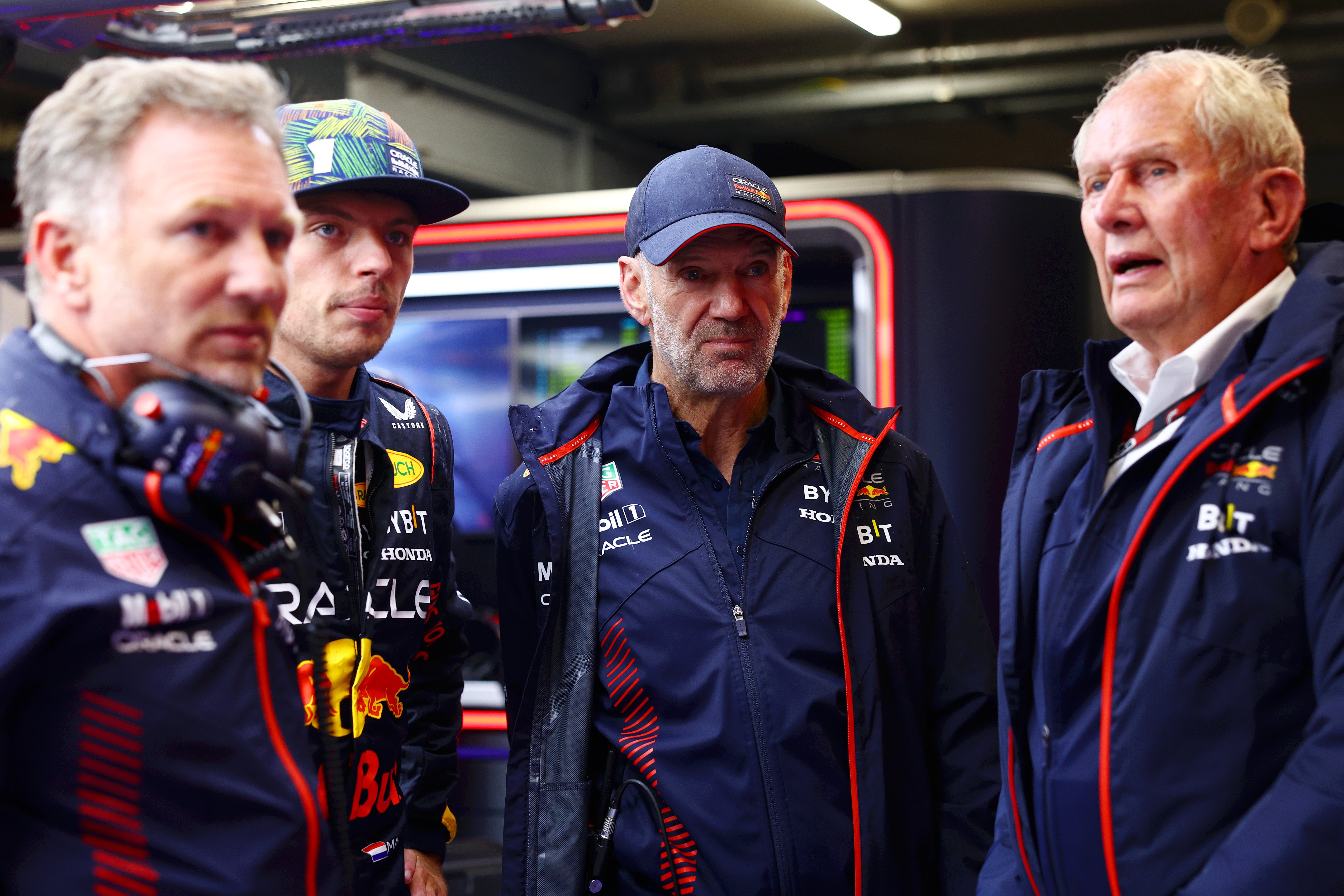 Adrian Newey (centre-right) will leave Red Bull next year