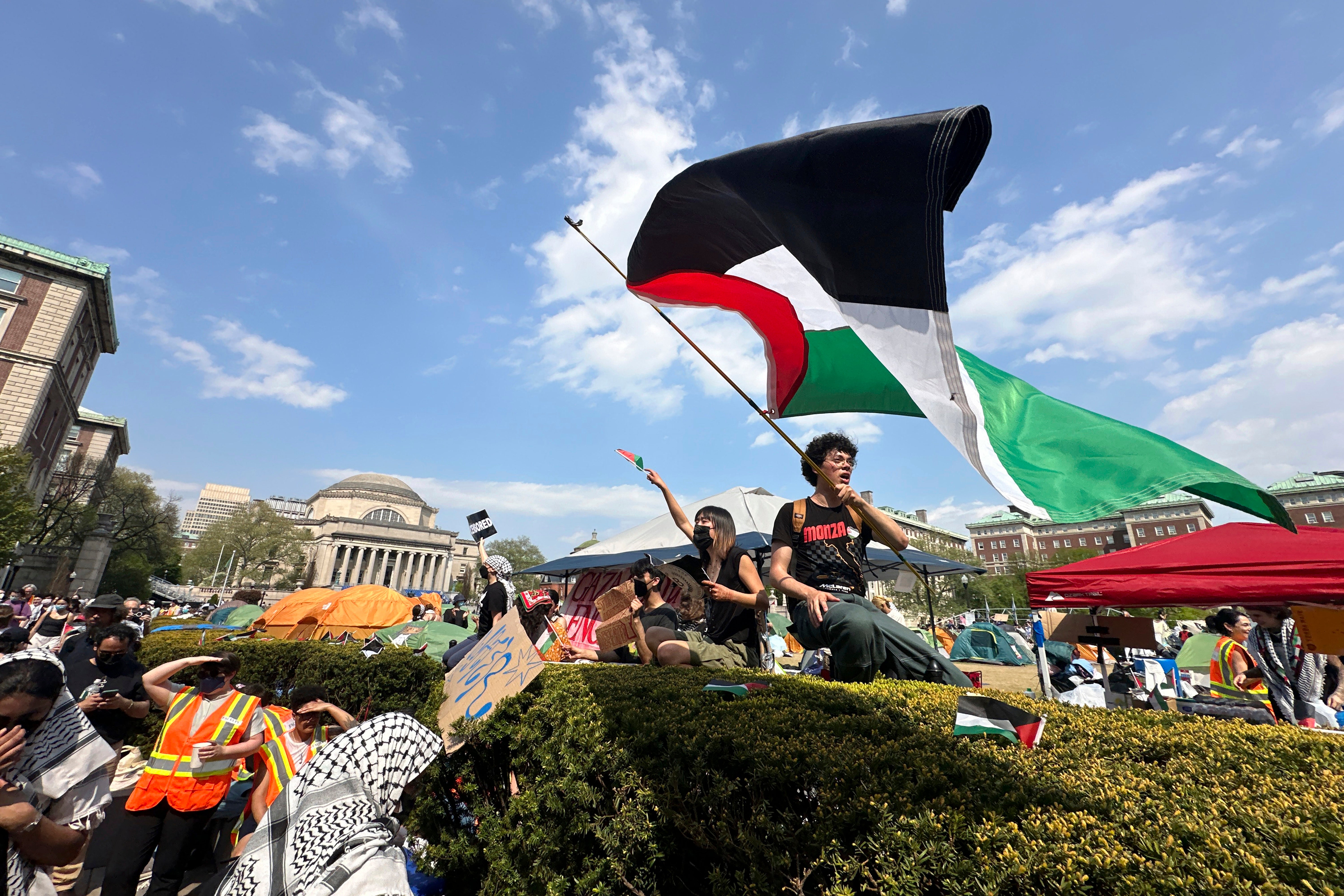 Demonstrators on the Columbia University campus in New York at a pro-Palestinian protest encampment on 29 April 2024