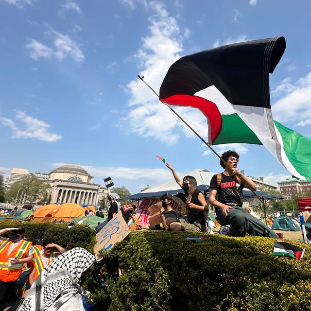 <p>Demonstrators on the Columbia University campus in New York at a pro-Palestinian protest encampment on 29 April 2024</p>