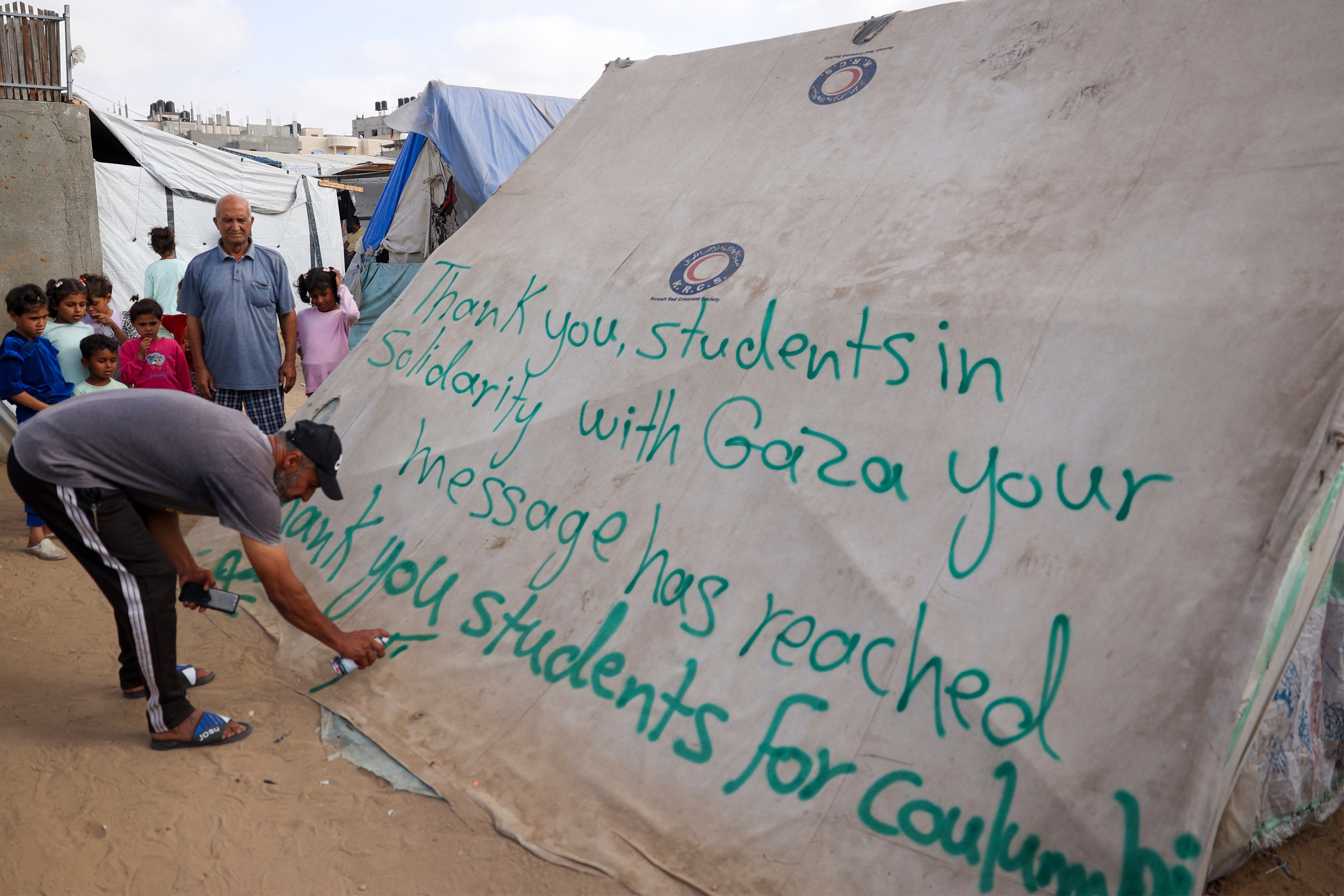 A sign in Gaza that reads, “Thank you, students in solidarity wtih Gaza your message has reached. Thank you students for Coulumbia” pictured on 28 April. More than 100 Gaza protesters were arrested at Columbia this week after they occupied a campus building