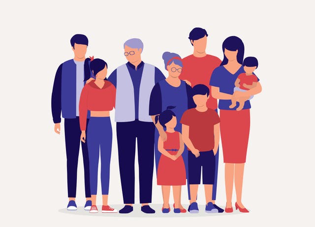 <p>A family with three generations of two parents standing together. </p>