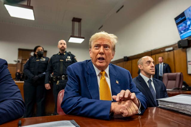 <p>Former US President Donald Trump attends his trial for allegedly covering up hush money payments linked to extramarital affairs, at Manhattan Criminal Court in New York City, on 2 May 2024.</p>