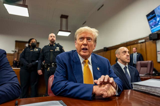 <p>Former US President Donald Trump attends his trial for allegedly covering up hush money payments linked to extramarital affairs, at Manhattan Criminal Court in New York City, on 2 May 2024.</p>