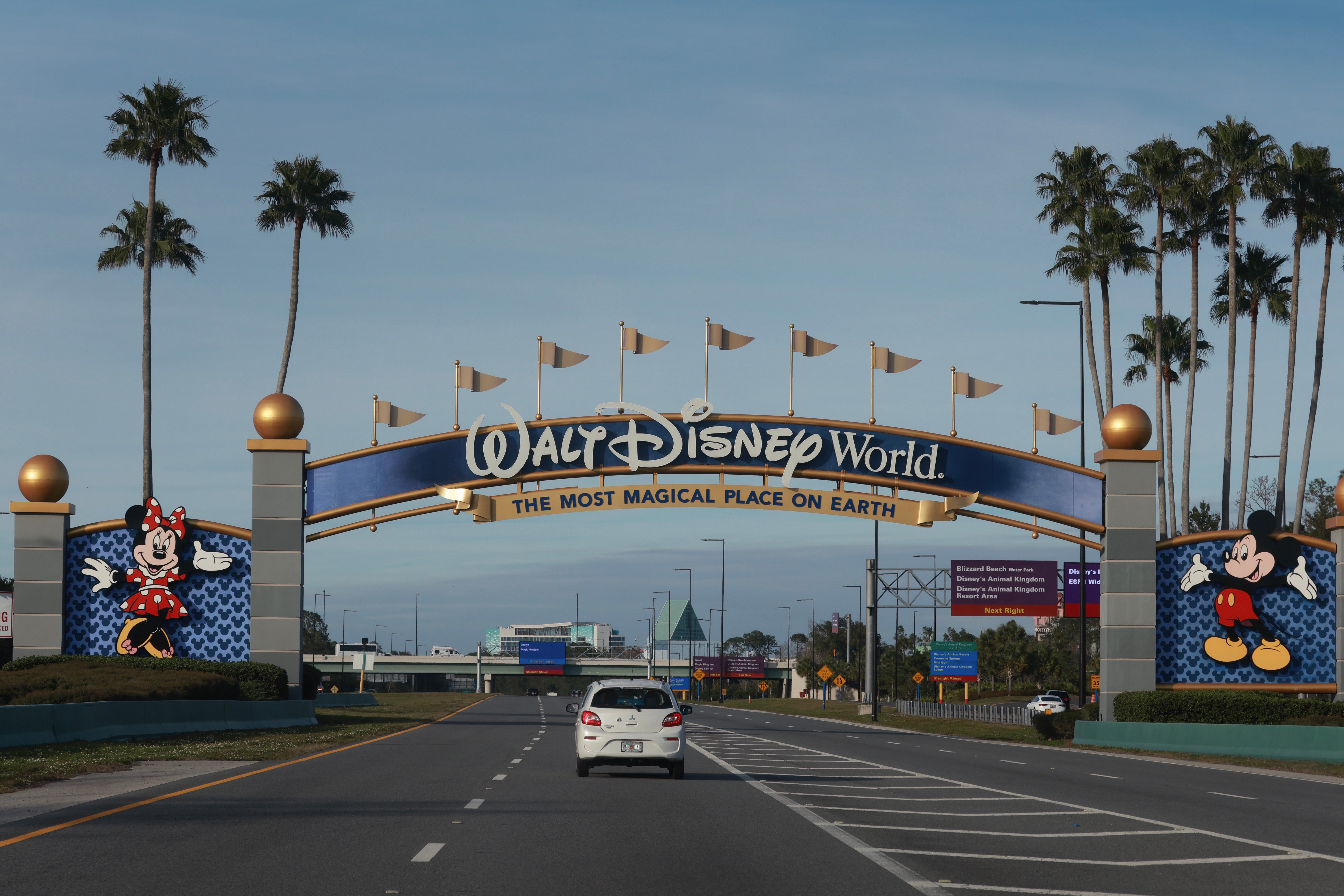A sign welcomes visitors near an entrance to Walt Disney World on February 01, 2024, in Orlando, Florida