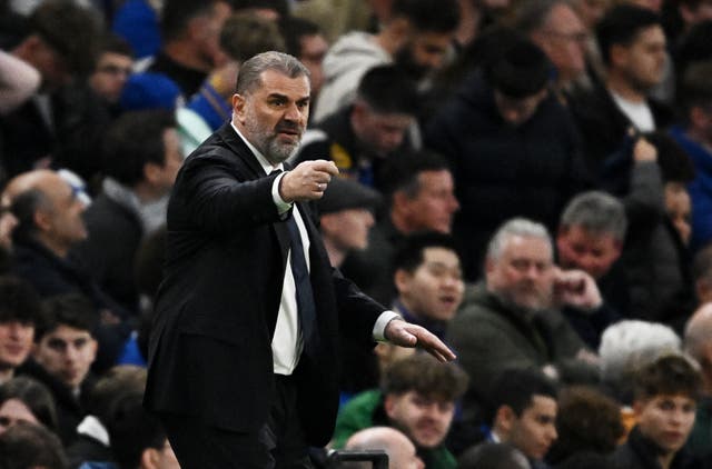 <p>Ange Postecoglu cut a frustrated figure on the Stamford Bridge touchline during Tottenham’s 2-0 defeat to Chelsea on Thursday </p>