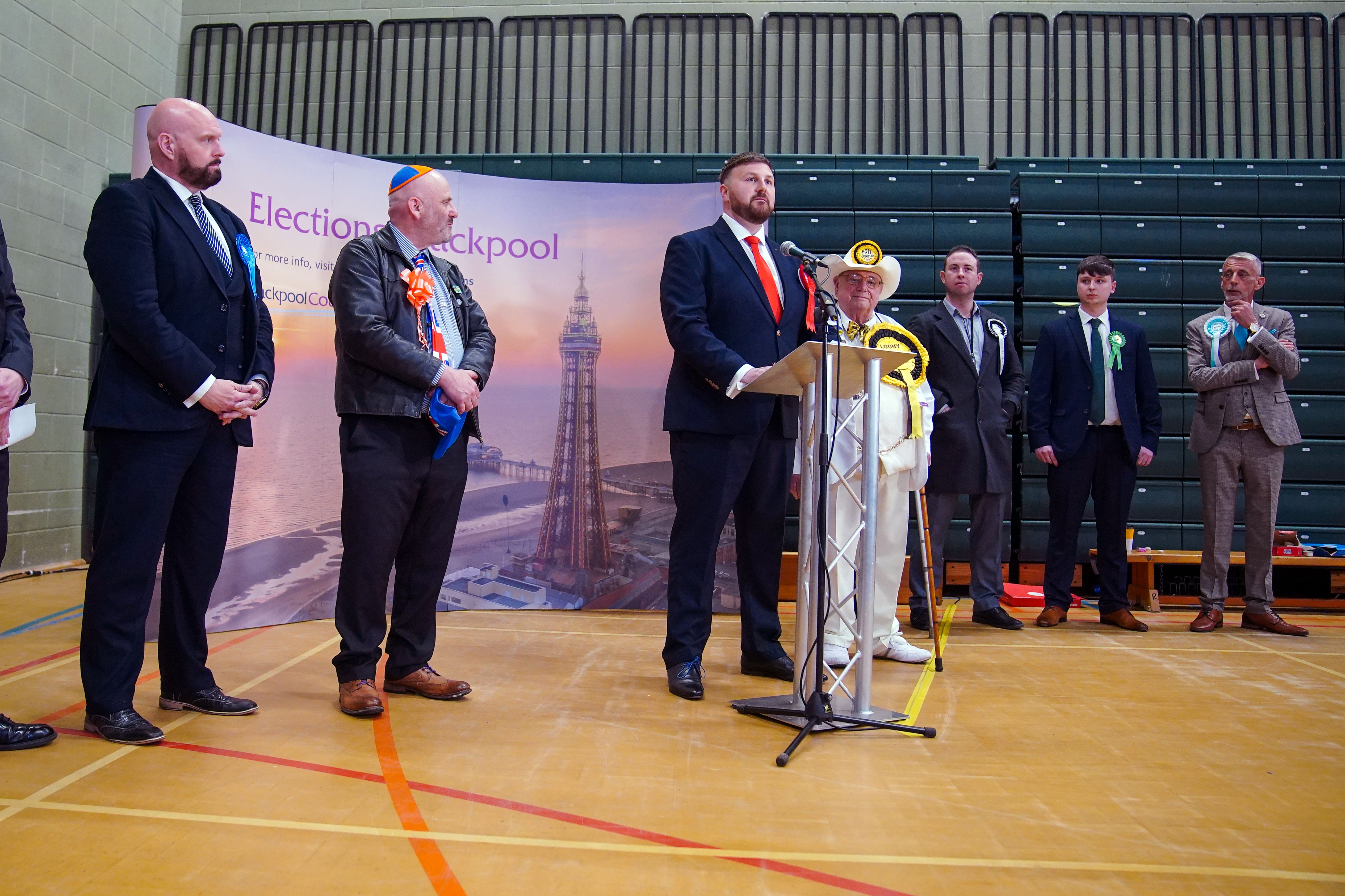 Labour’s Chris Webb celebrates after winning the Blackpool South by-election (Peter Byrne/PA)