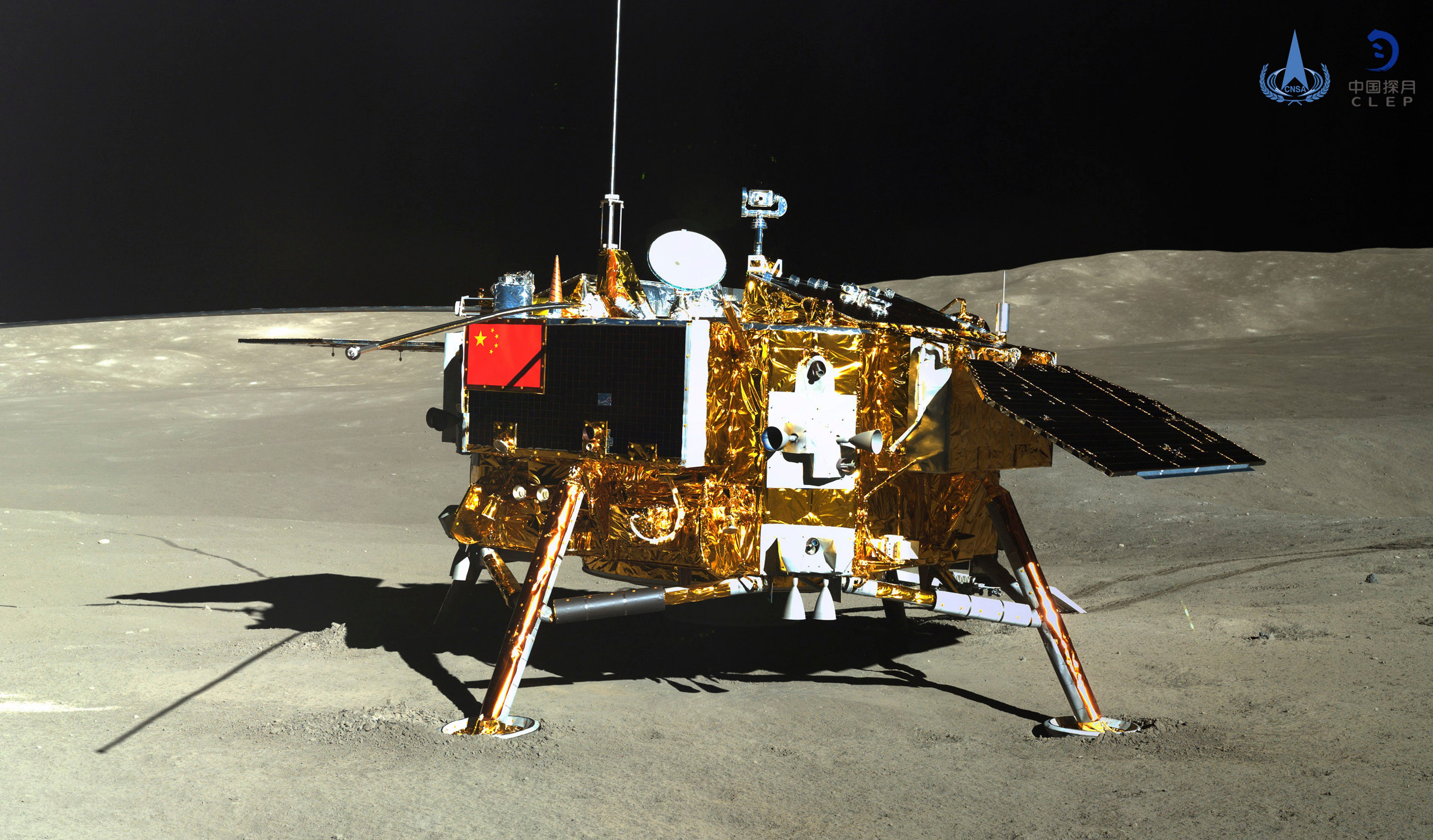The lunar lander of the Chang’e-4 probe in a photo taken by the rover Yutu-2 on 11 January