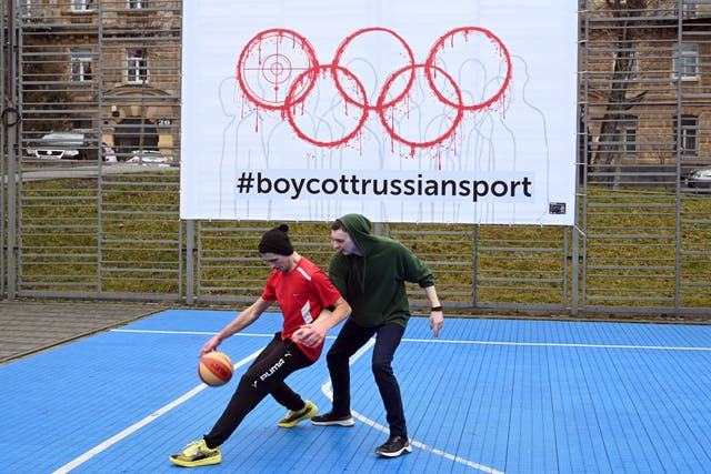 <p>A banner calling for a sports boycott of Russia hangs in the western Ukrainian city of Lviv</p>