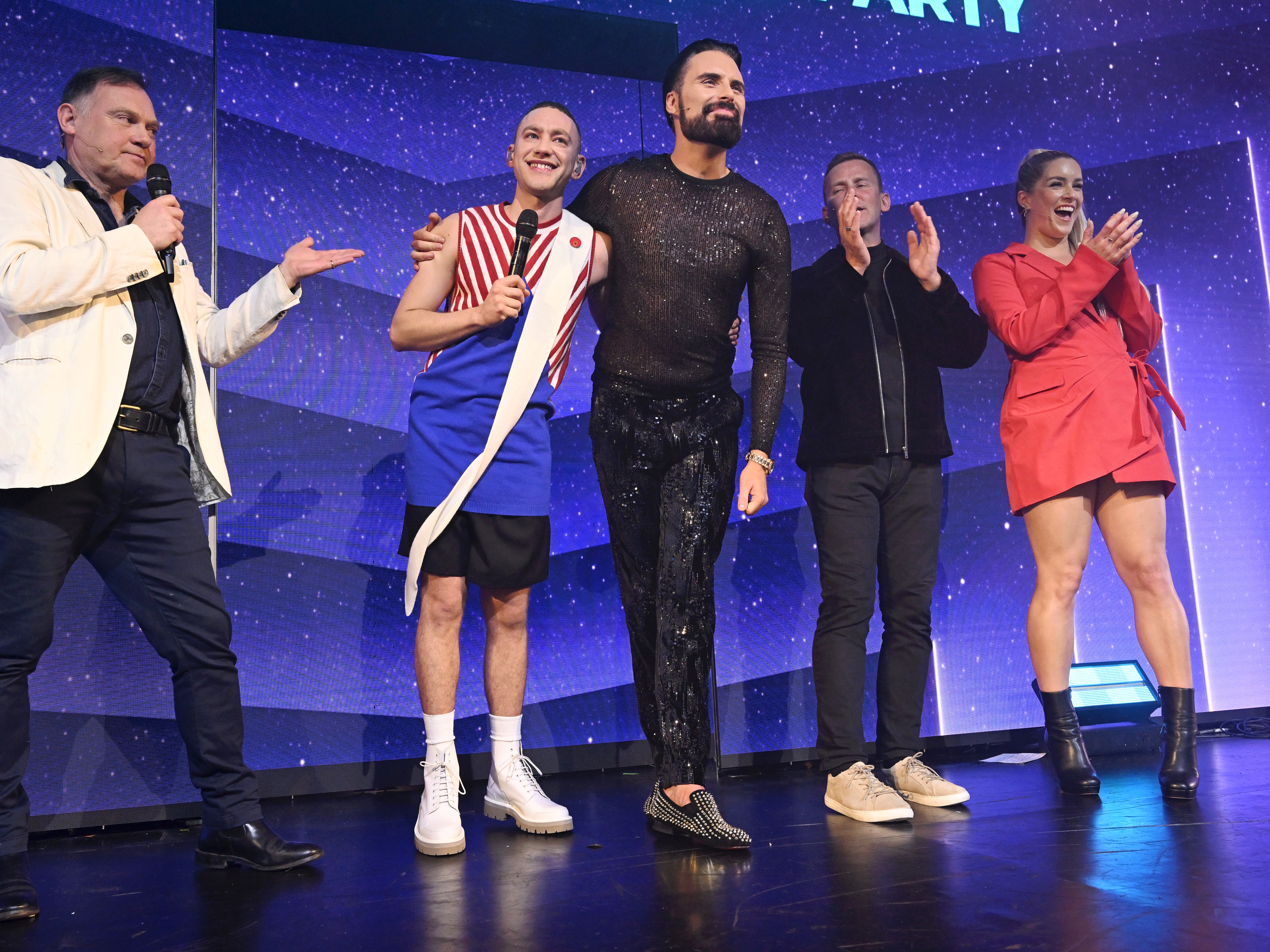 Olly Alexander (second from left) with Paddy O’Connell (left), Rylan Clark, Scott Mills and Lucie Jones during the London Eurovision Party in April